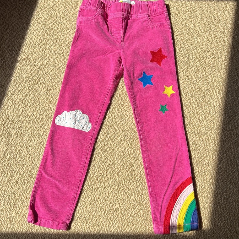 Mini Boden 7Y pink corduroy pants with stars, rainbow and cloud.